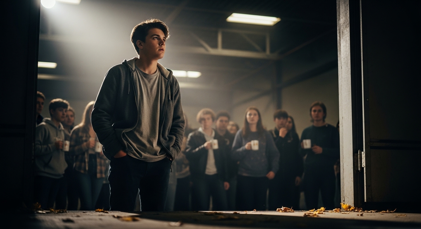 A teenage boy stands at the entrance of a bustling, dimly lit warehouse, looking towards a brightly lit stage.