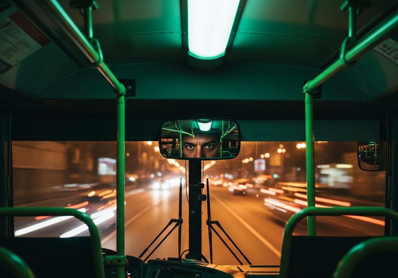 The intense eyes of a bus driver are reflected in his rearview mirror as he navigates a city at night.