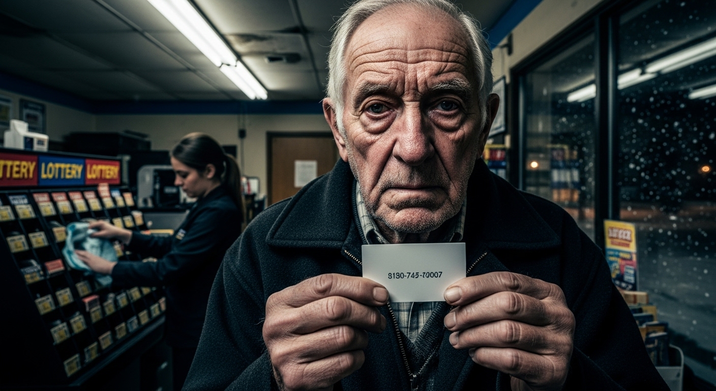 Elderly man, Devon, holding a mysterious business card in a Winnipeg convenience store at night, with snow outside.