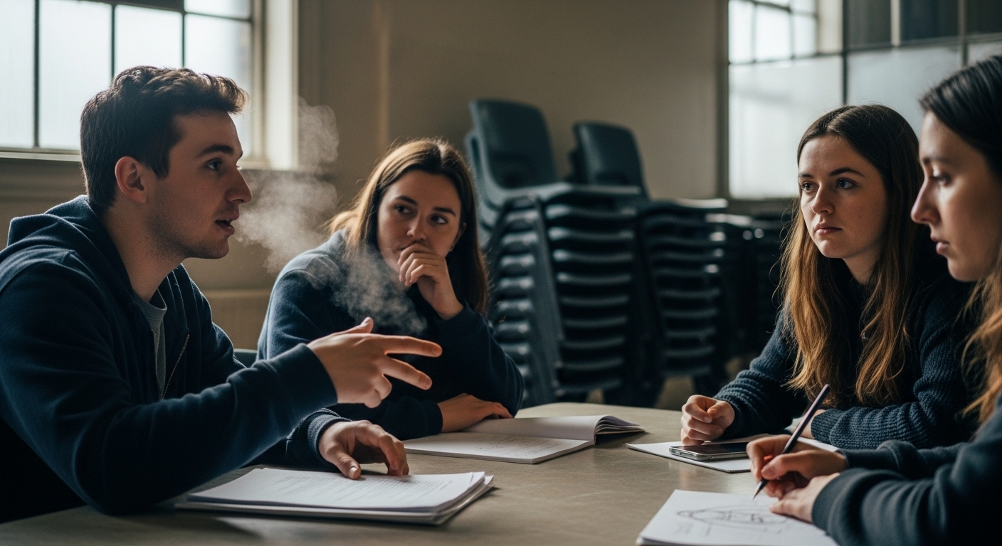 Four young adults sit around a table in a community hall, discussing a project.
