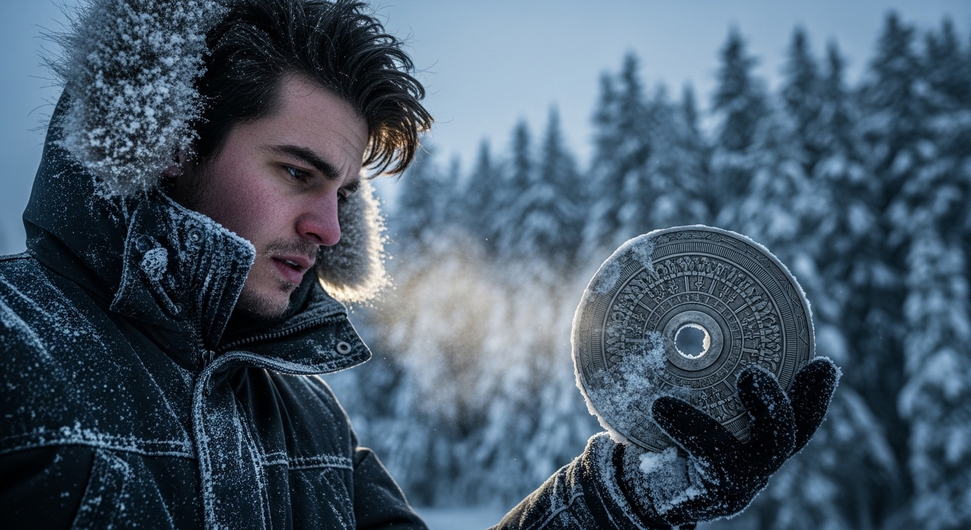 A young man in a snow-covered parka examines a mysterious metallic disc in a frozen forest.
