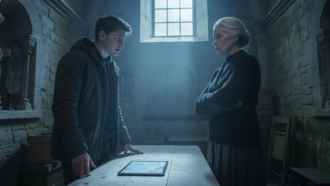 A young researcher and an elderly community leader engaging in a serious discussion in a rustic basement.