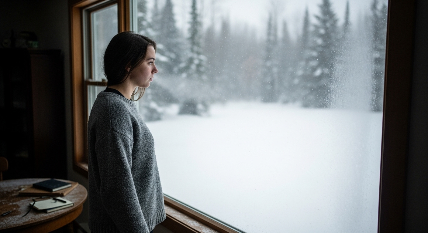 A young woman gazes out a frosted window at a heavy snowfall, her reflection barely visible.