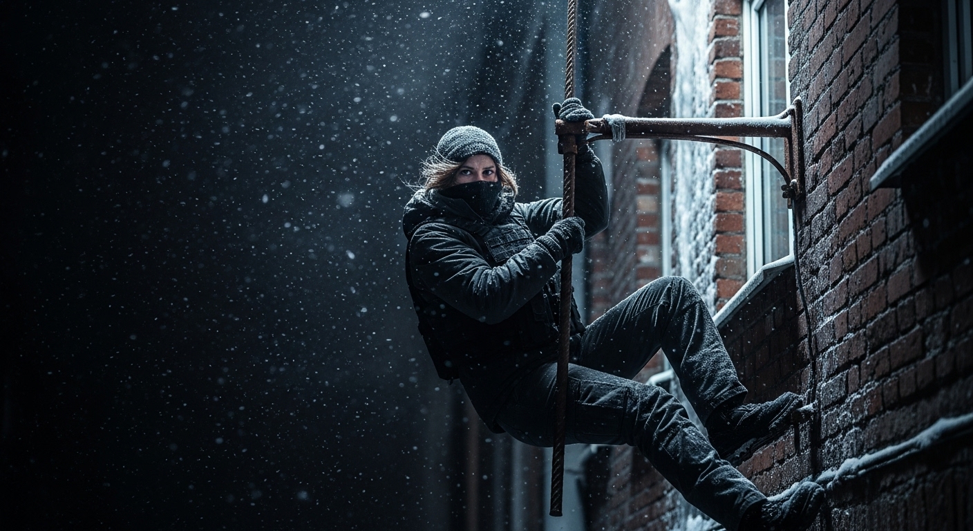 A woman in tactical gear hangs desperately from an icy lightning rod on a snowy building in a European city.