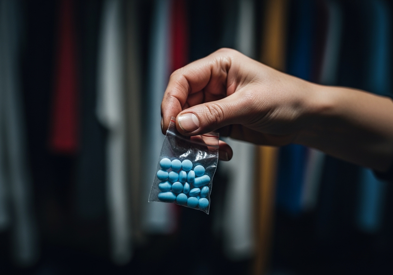 A close-up photograph of a grimy hand holding a small bag of blue pills in a dark closet.