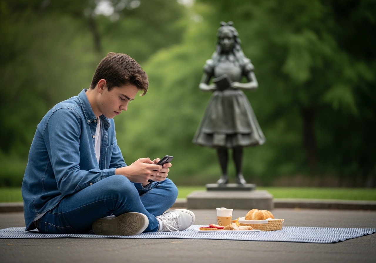 A teenage boy sits alone on a picnic blanket in a park, looking sadly at his phone.