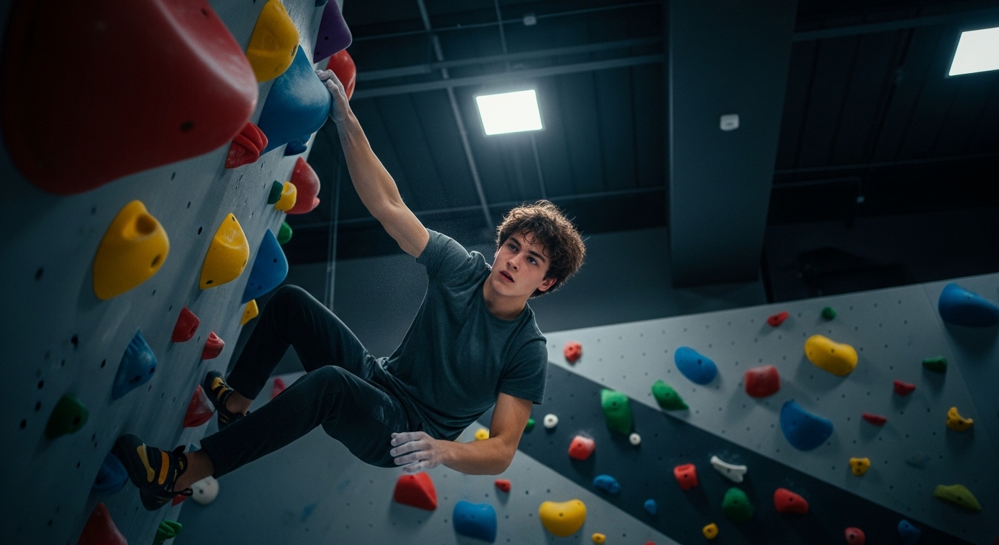 A teenage boy, viewed from a dramatic low angle, clings to a climbing wall high above, his face a mask of intense concentration and fear.