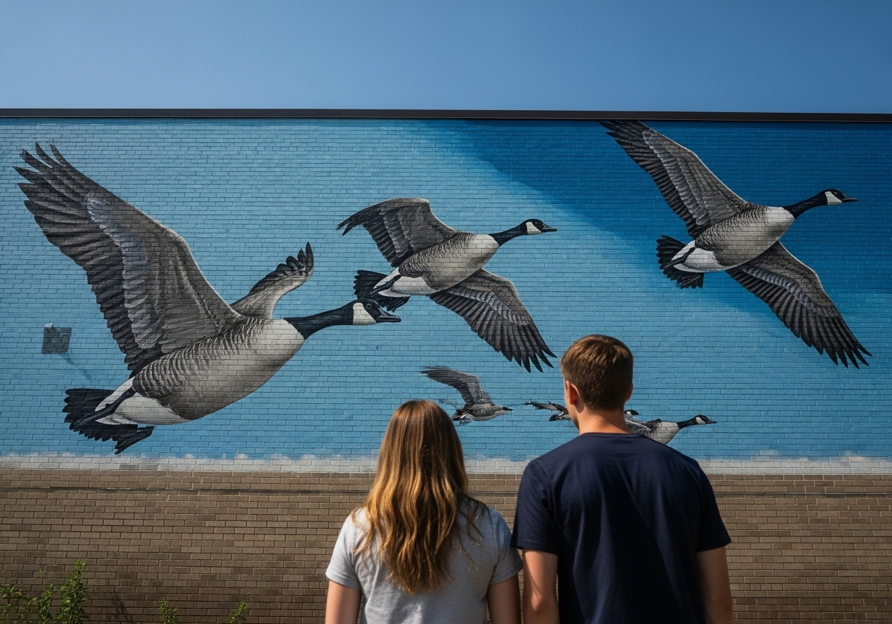 Two people from behind, looking up at a large mural of Canada geese flying across a brick wall.
