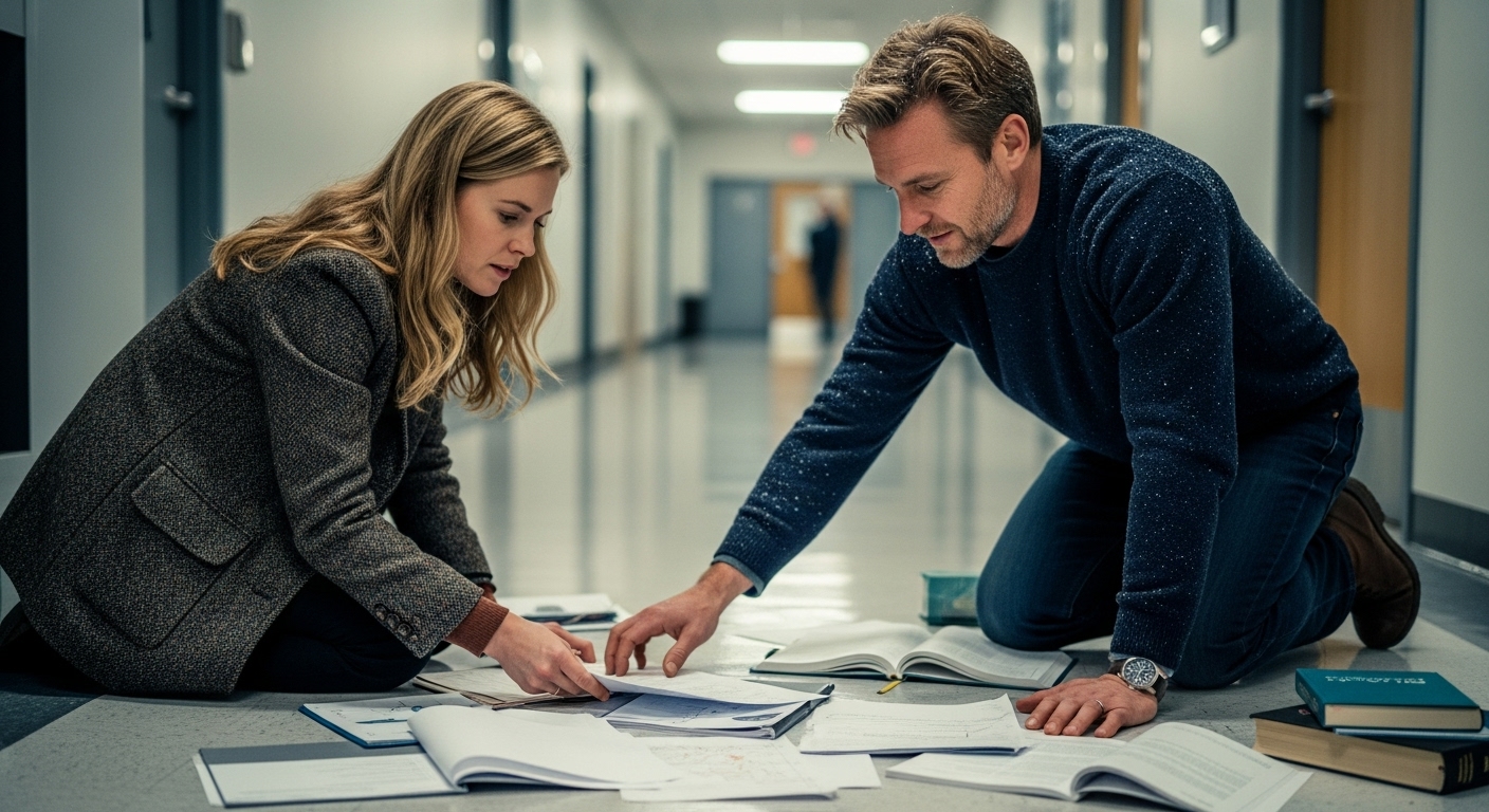 Two university professors, Ingrid and Erik, kneeling in a hallway surrounded by scattered papers, sharing a moment of connection.