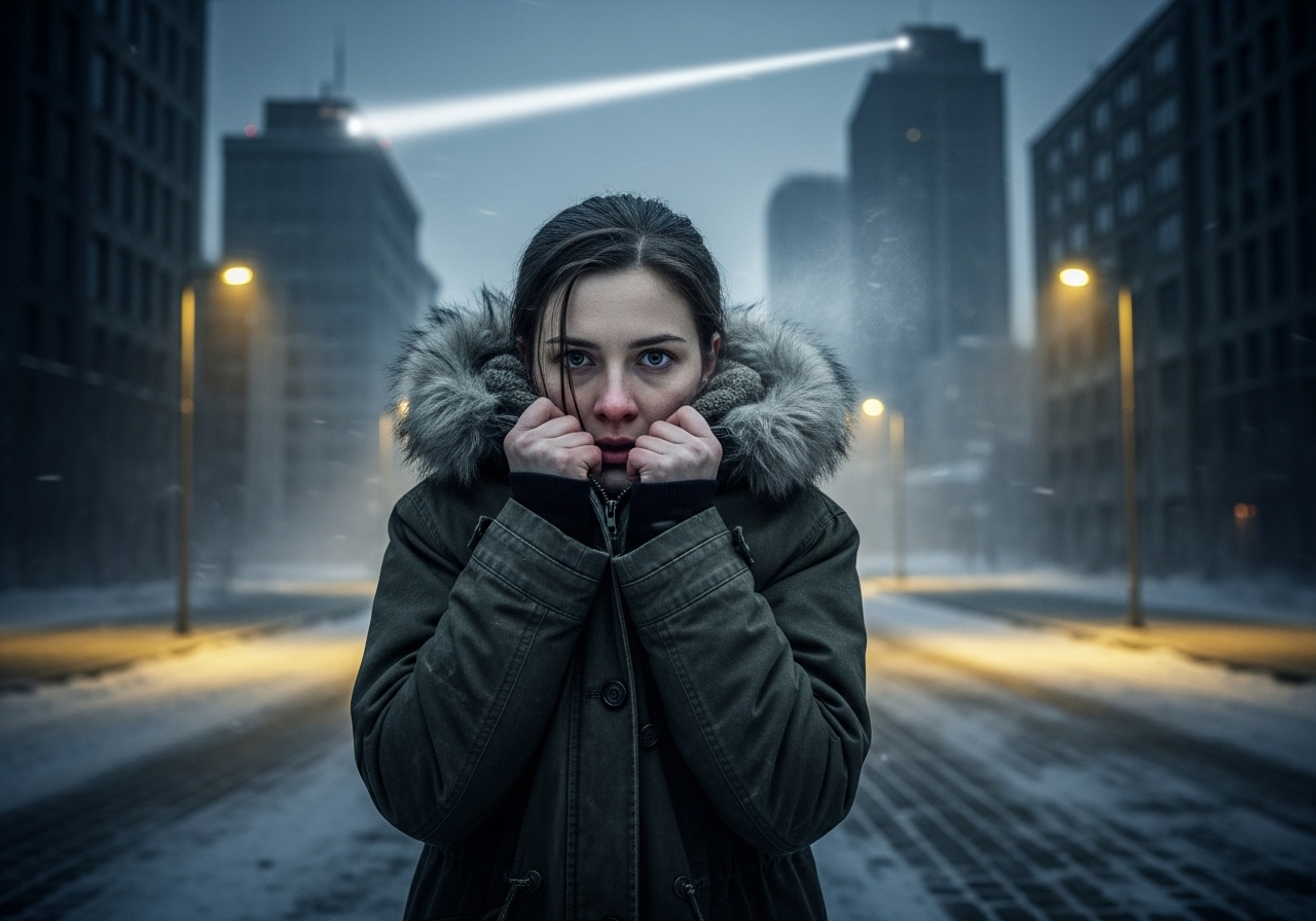A young woman in a parka stands on a snowy street in a dystopian city at night, under the sweep of a searchlight.