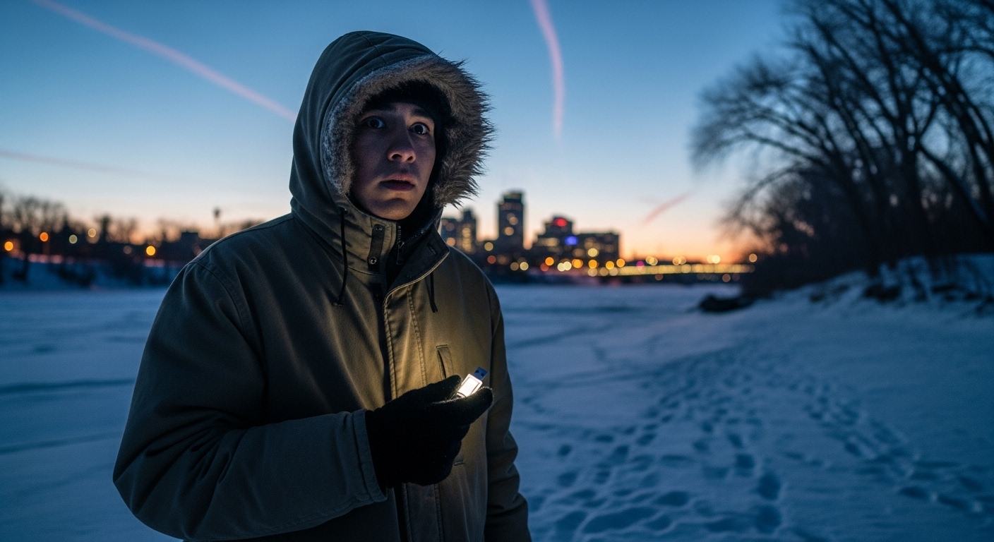 Young Indigenous man, Dorian, holding a USB drive on a frozen Winnipeg riverbank at dusk.