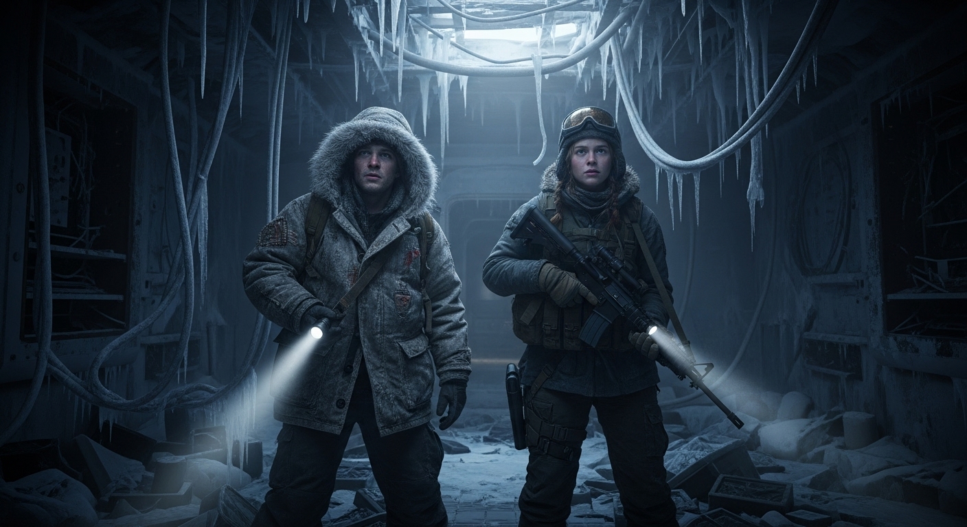 Two young survivors, Ford and Samantha, stand inside a dark, frozen research outpost, illuminated by a weak flashlight beam.