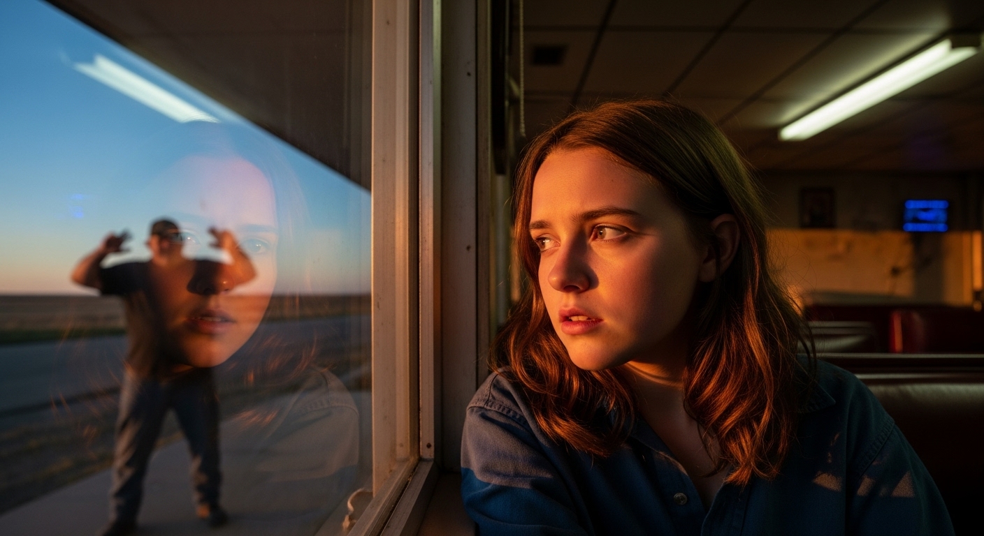 Teenage girl gazes out truck stop window at prairie sunset, a trucker gesturing excitedly in the background.