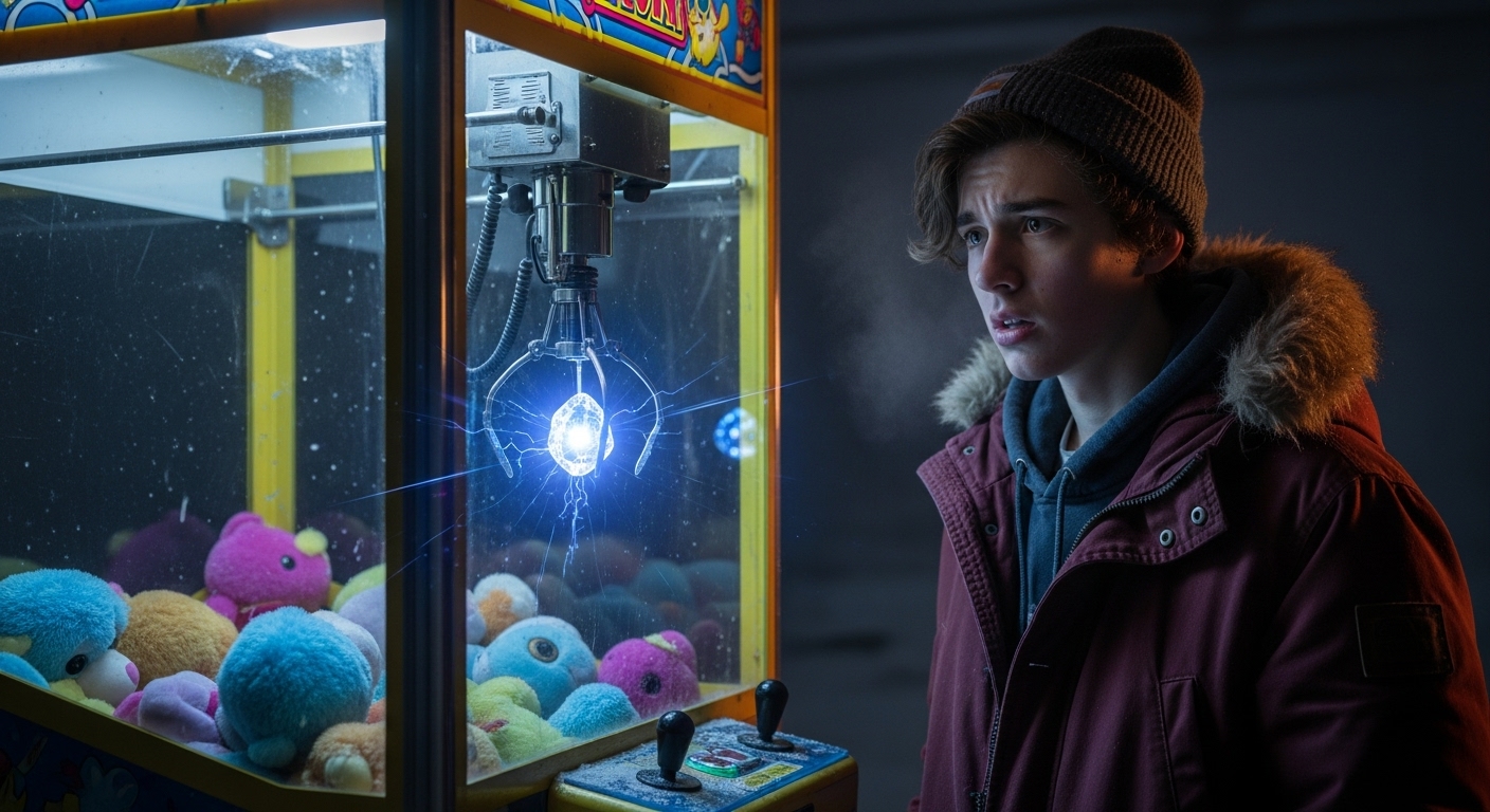 A teenage boy stands before a glowing, vintage claw machine in a desolate winter arcade, clutching a mysterious crystal.