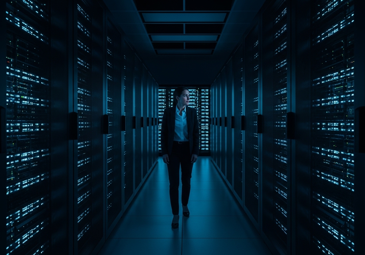 A woman stands alone and looks frightened in the middle of a vast, dark server room illuminated by blinking lights.