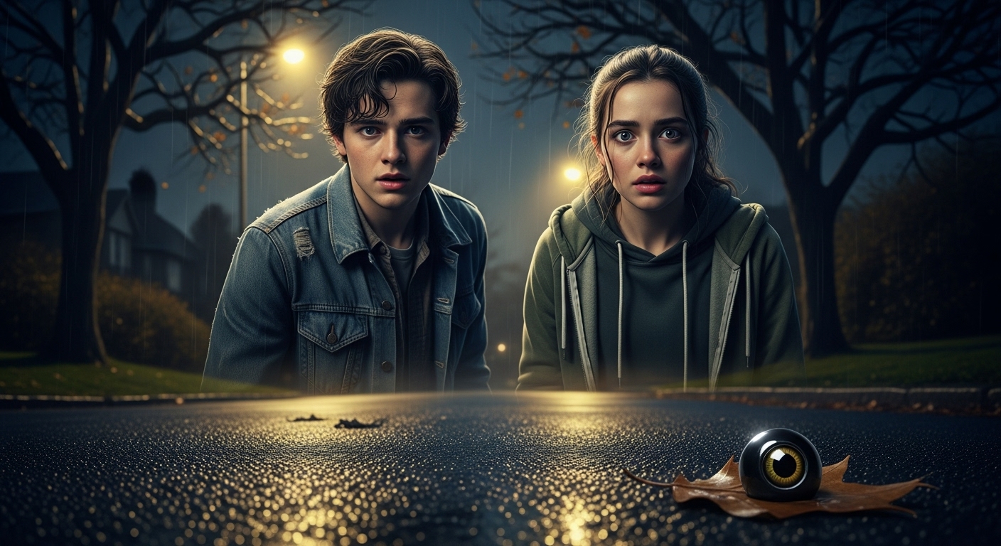 Two anxious teenagers walk on a wet autumn street at night, with a subtle, reflective bird's eye watching from a fallen leaf in the foreground.