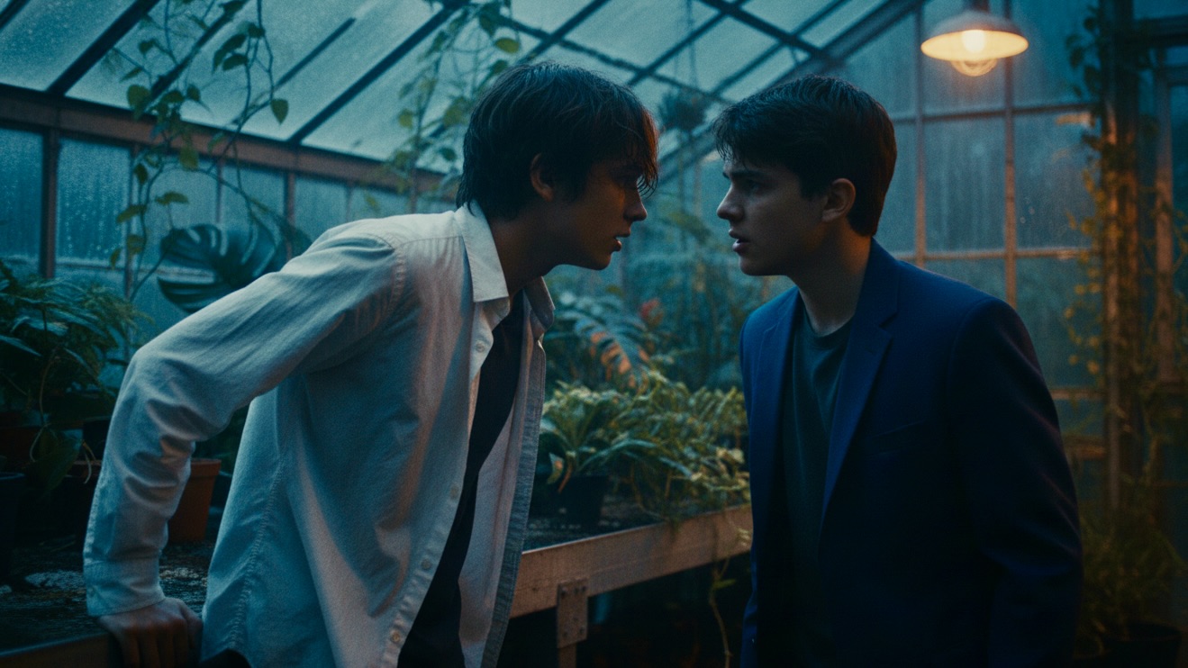 Two teenage boys having an intense emotional moment inside a dim, rain-covered greenhouse surrounded by plants.
