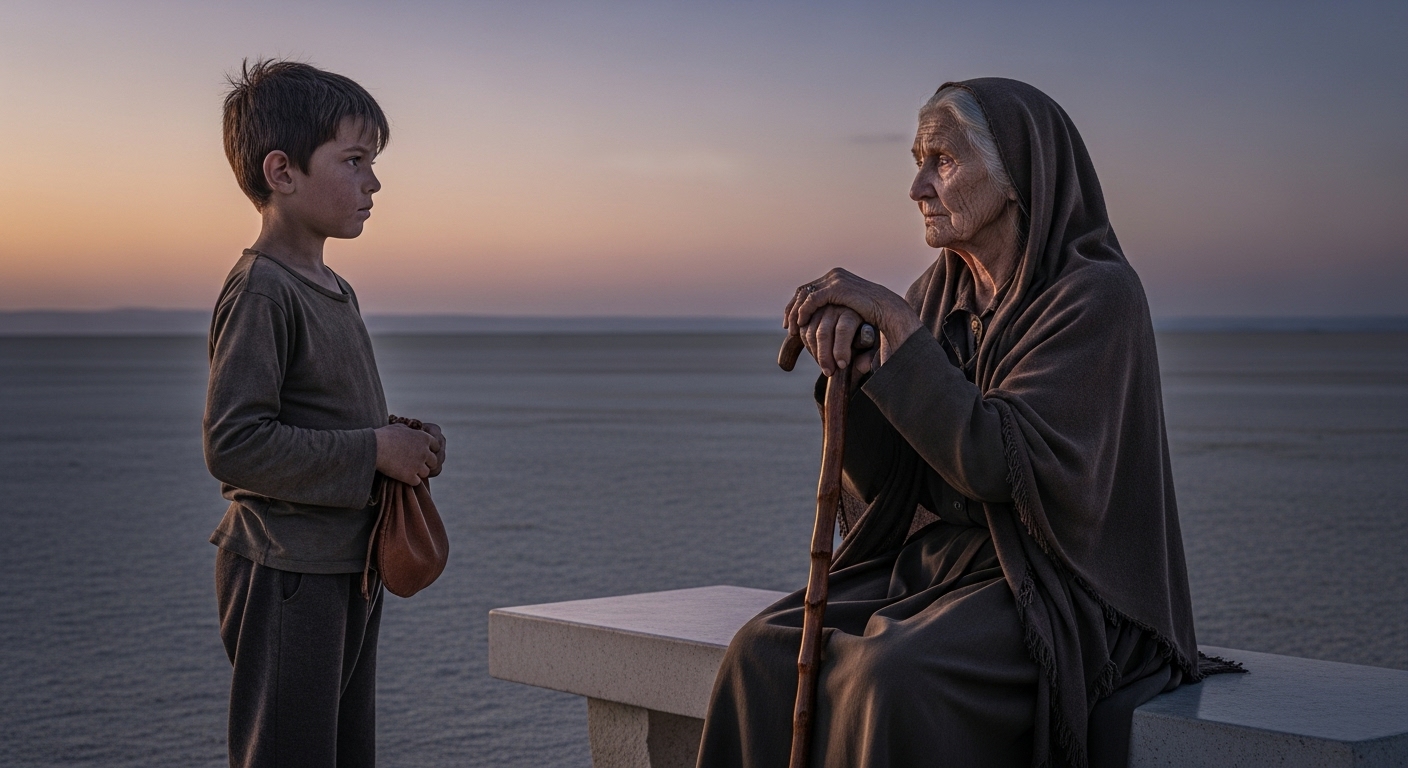 A young boy stands before an ancient elder on a twilight steppe, holding a pouch, both looking tense.