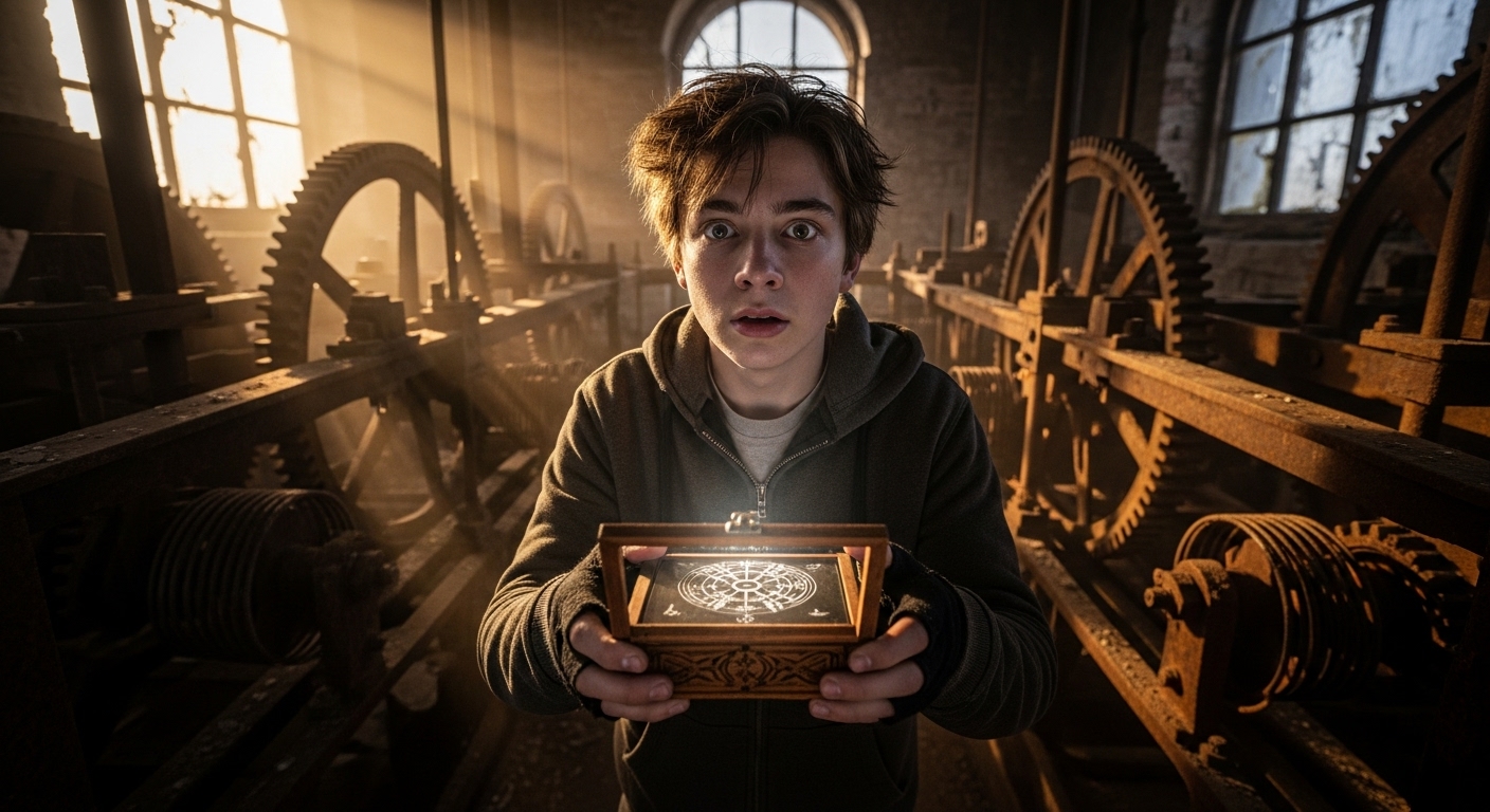 A teenage boy holding a glowing, intricate wooden box inside a dusty, abandoned clock tower.