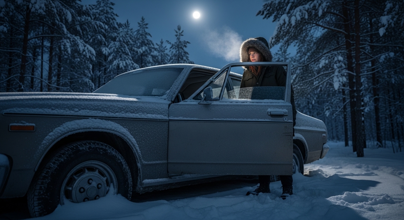 A young adult peers into an old car abandoned in deep snow under moonlight.