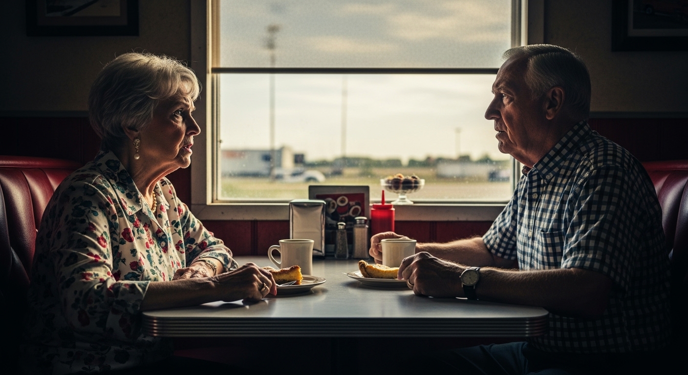 An elderly couple in a truck stop diner, looking thoughtfully at a display case.
