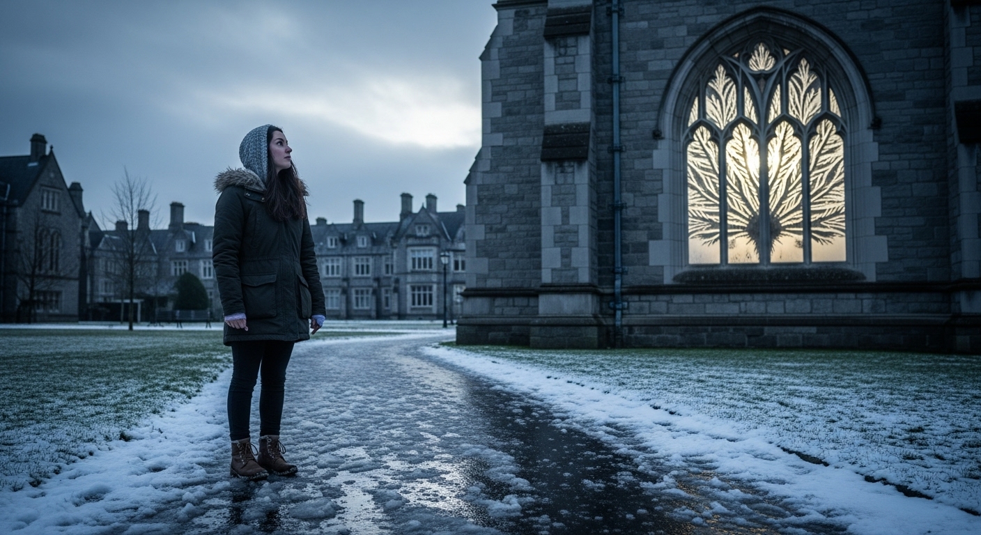 A young woman in a winter coat looks up at an old campus building with a complex frost pattern on a window.