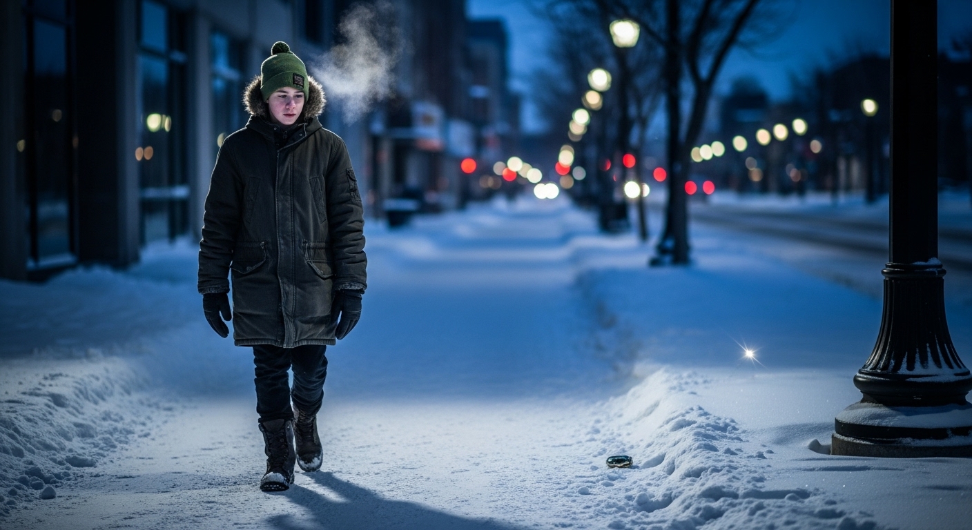 A teenage boy in a winter coat walks down a snowy Winnipeg street at dusk, a metallic object glints on the pavement.