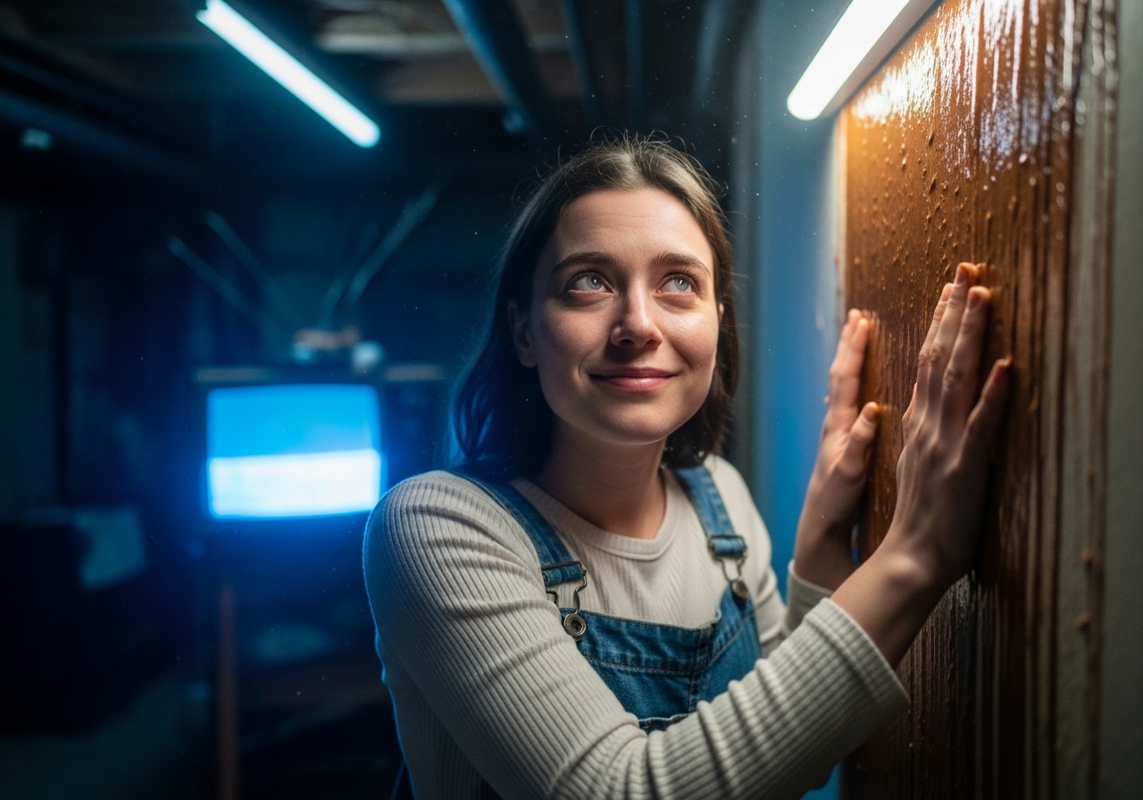 Young woman touching a basement wall seeping viscous brown liquid, illuminated by a blue glow from an old TV.