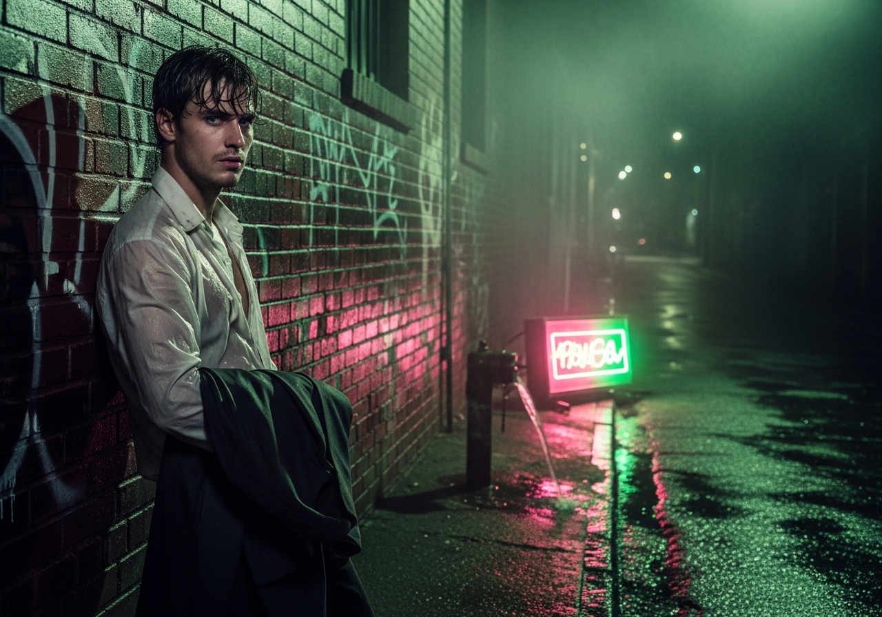 Young man, Simon, leaning against a graffiti-scarred brick wall in a humid, neon-lit alley at night, a broken fire hydrant dripping nearby.
