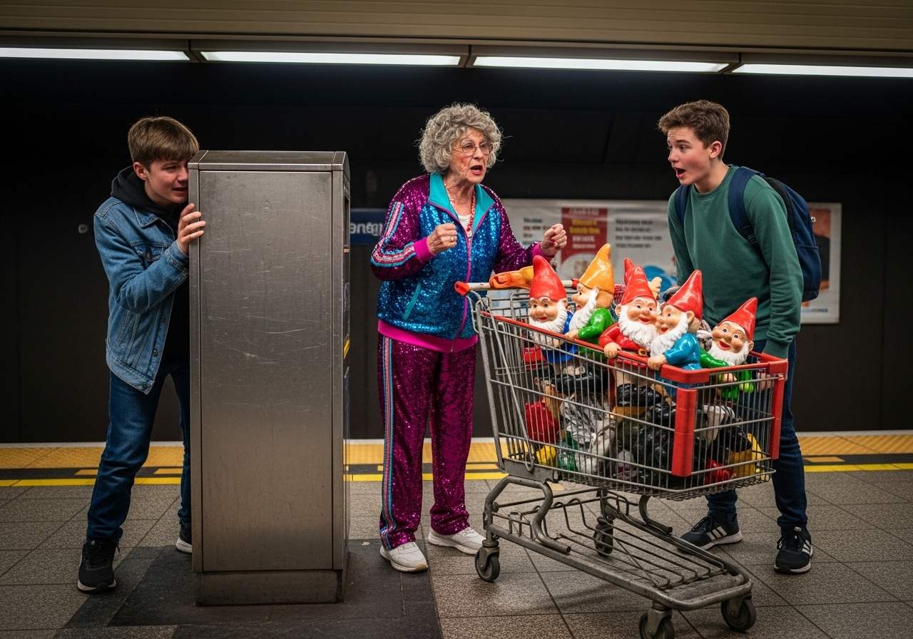 A boy hides behind a bin while his boyfriend looks on, amused, at an old woman talking to a cart full of garden gnomes.