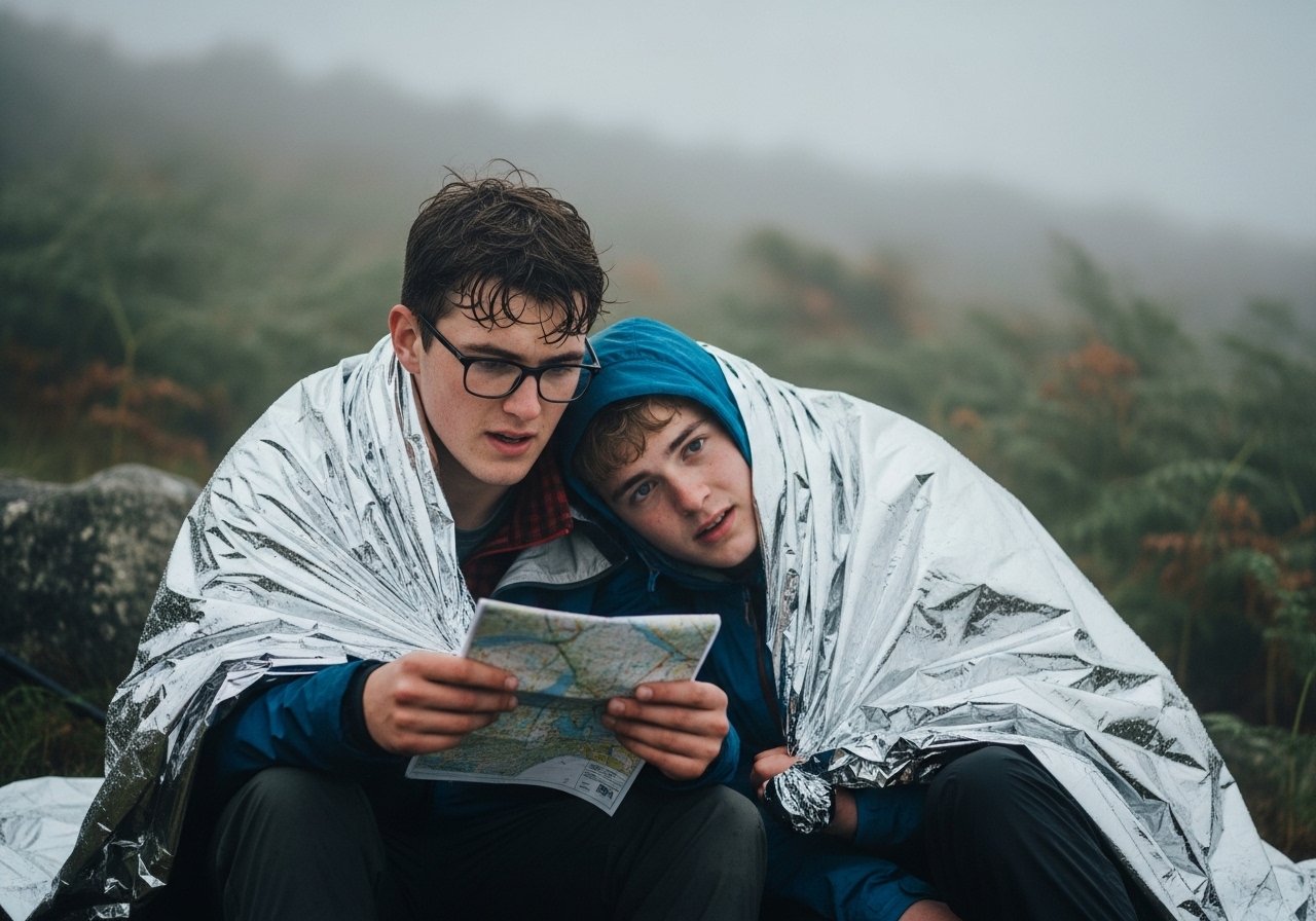 Two young male hikers share an emergency blanket for warmth while consulting a map in the dense fog.