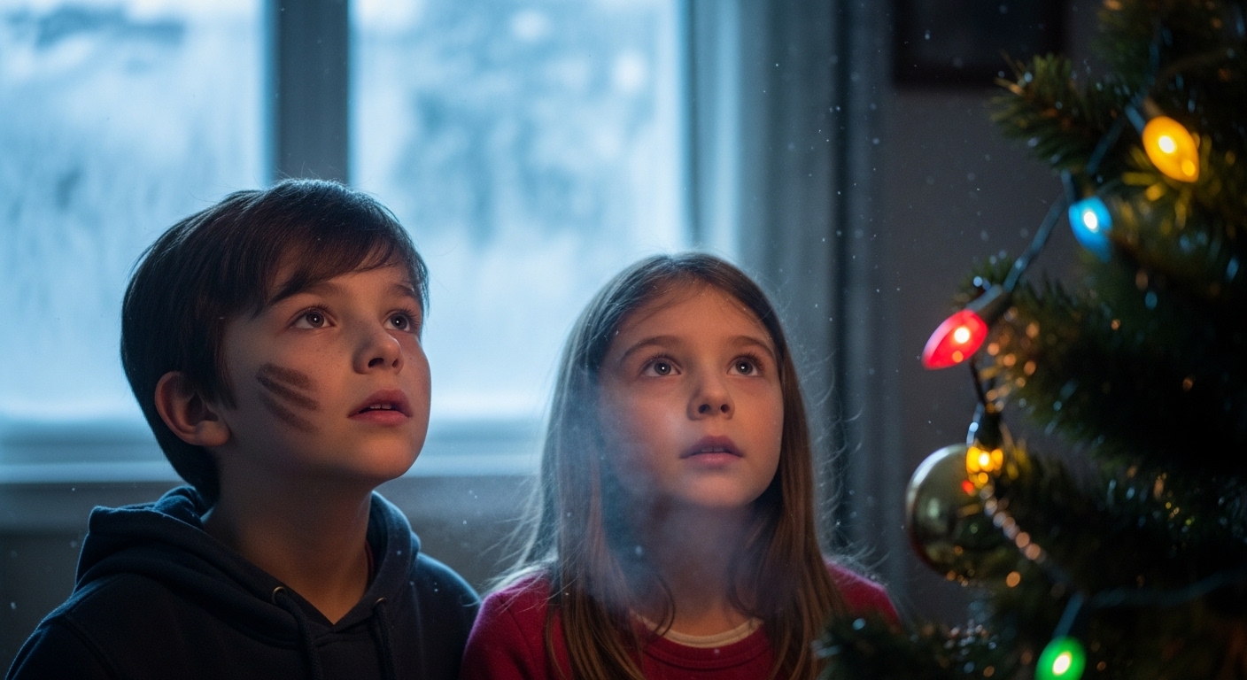 Two children gazing up at a half-decorated Christmas tree in a snowy room.