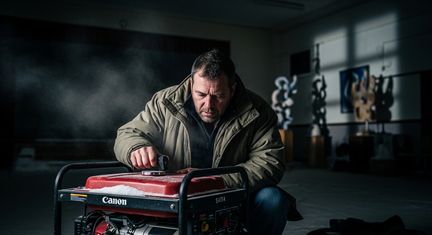 A man in a winter coat struggles with a portable generator in a dim, freezing art hall.