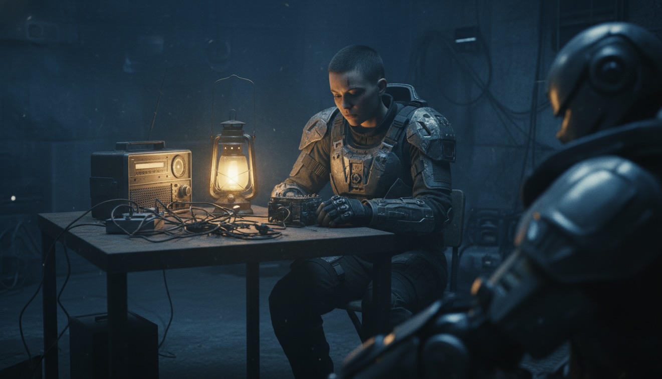 A female soldier repairing a radio in a dimly lit bunker, watched by another soldier in the foreground.