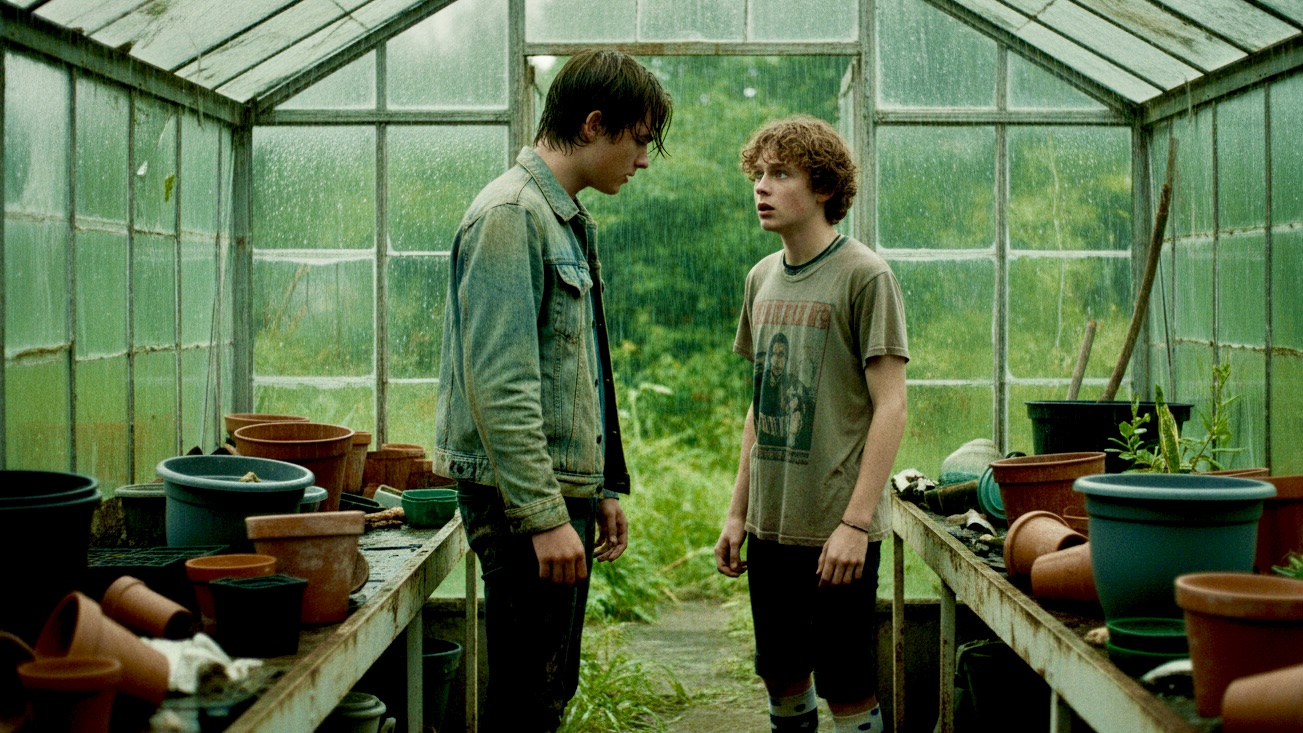 Two teenage boys having an intense emotional moment inside a rainy, abandoned greenhouse.