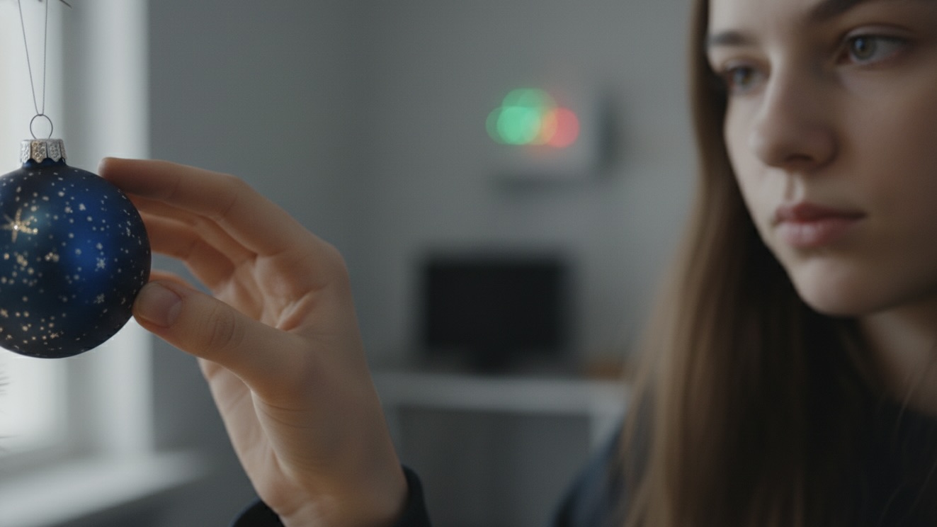 A close-up of a chapped, slightly scarred teenage hand gently holding a dark blue glass Christmas ornament with silver speckles, hinting at a miniature galaxy. The background is a blurred, muted room with faint, sterile red and green lights.