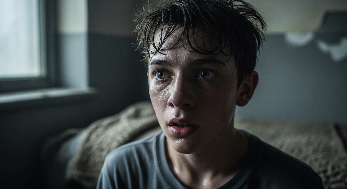 A pale, terrified teenage boy stares blankly, sweat on his brow, in a dim room.