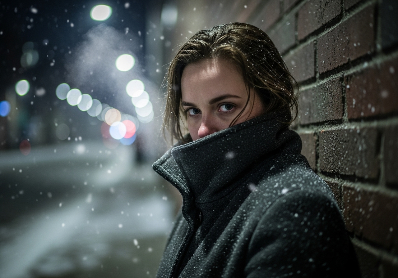 A young woman in a heavy coat huddles in a snowy, dark alley, her face resolute.
