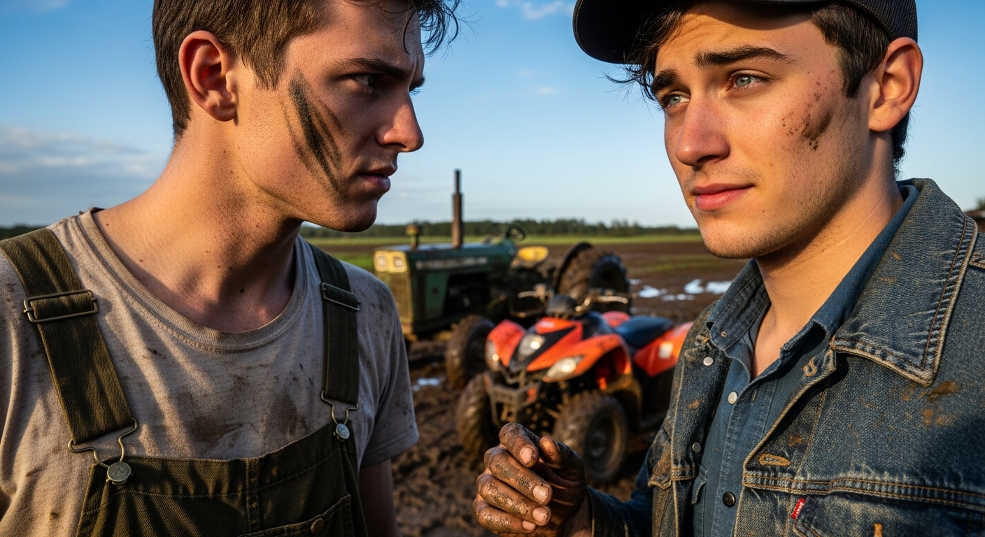 Two young men, August and Ricky, covered in mud and grease, standing awkwardly in a spring field with a tractor and quad bike in the background.