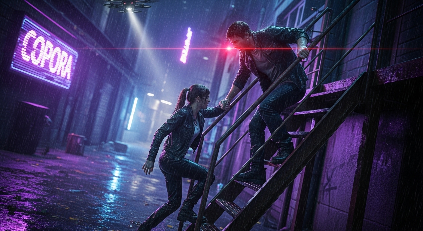 Two young adults, Liv and Vic, scrambling up a rusty fire escape in a rainy cyberpunk alley with a red laser target on Vic's back.