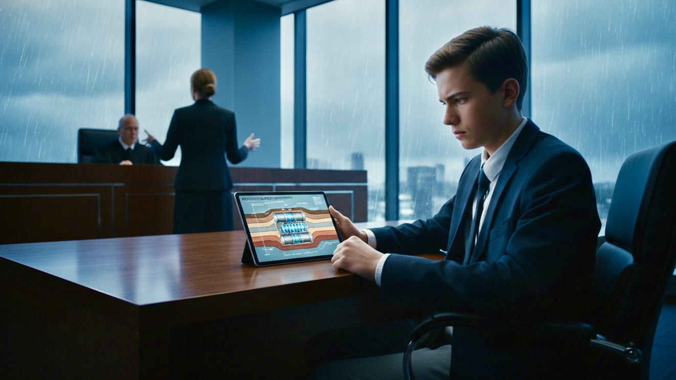 A teenager in a courtroom looking at a digital diagram of a nuclear waste repository on a tablet.