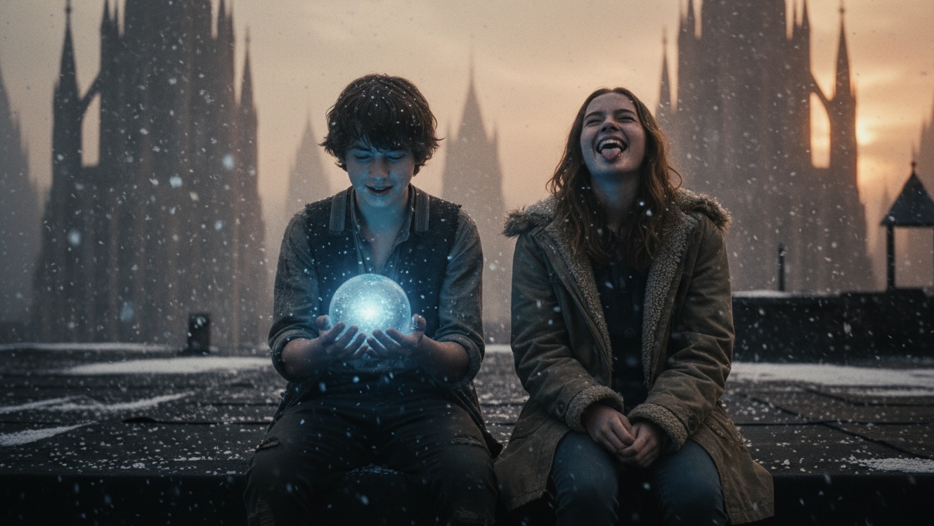 Two teens sitting on a snowy rooftop in a steampunk fantasy city, holding a glowing blue orb.