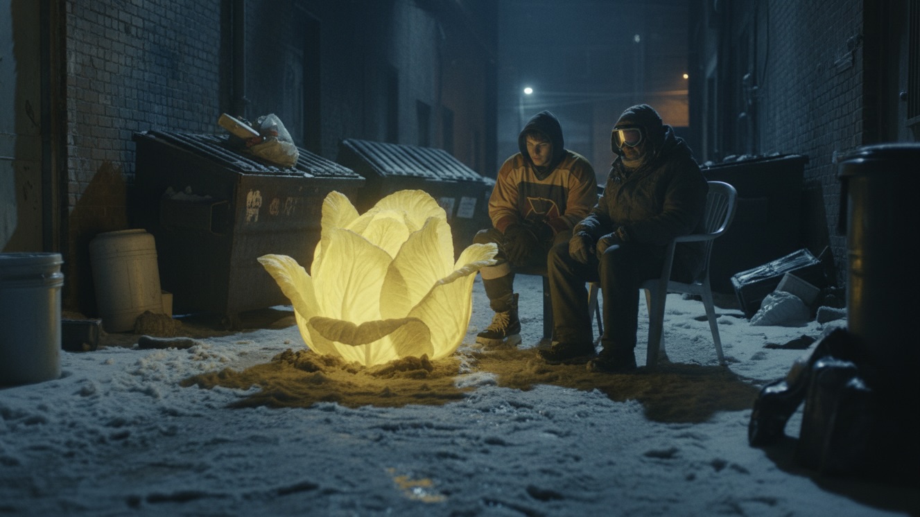 A glowing yellow plant growing out of asphalt in a snowy alley, warming two homeless figures.