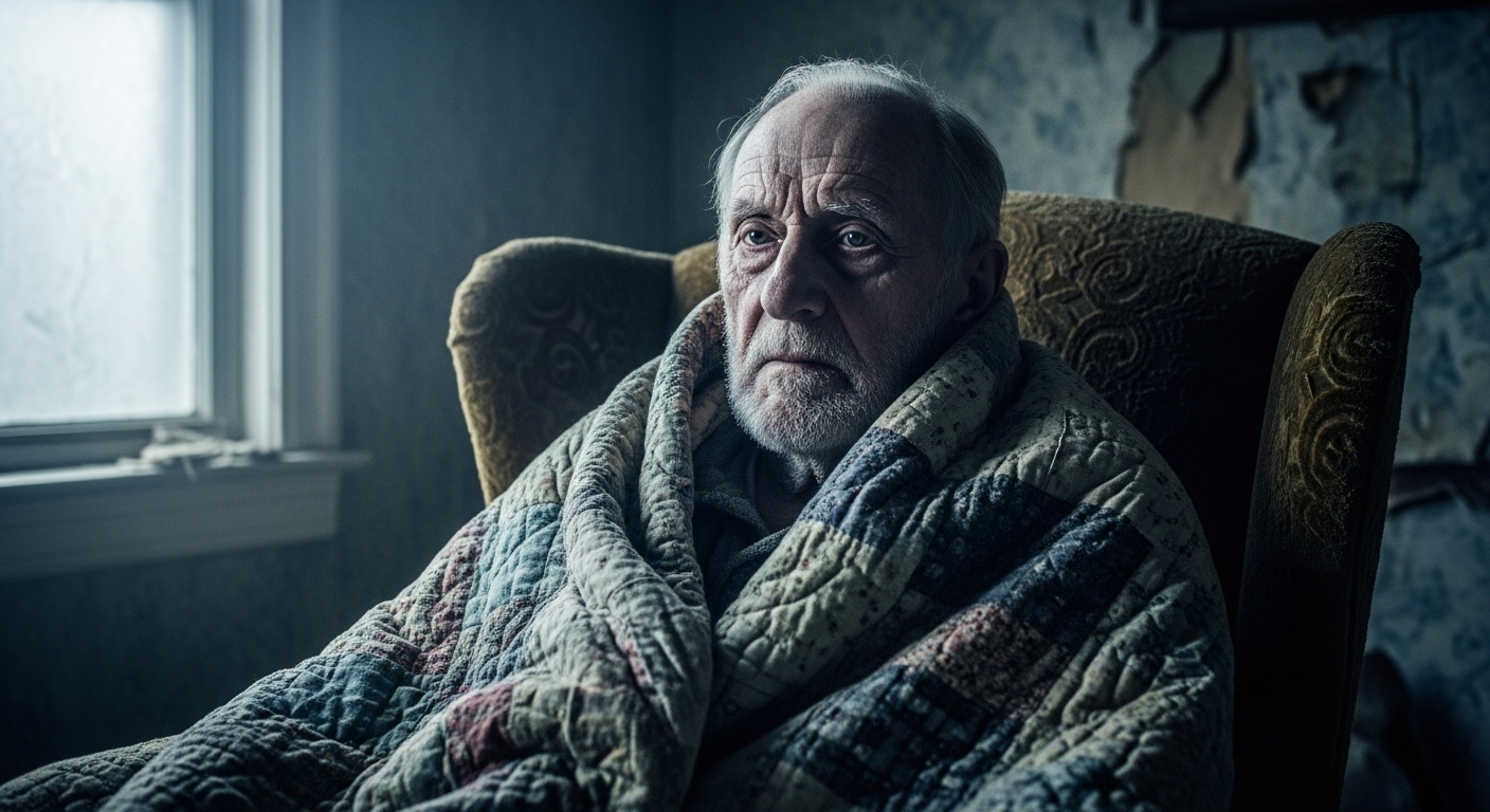 An elderly man wrapped in a heavy quilt sits in a dark, peeling room, staring blankly.