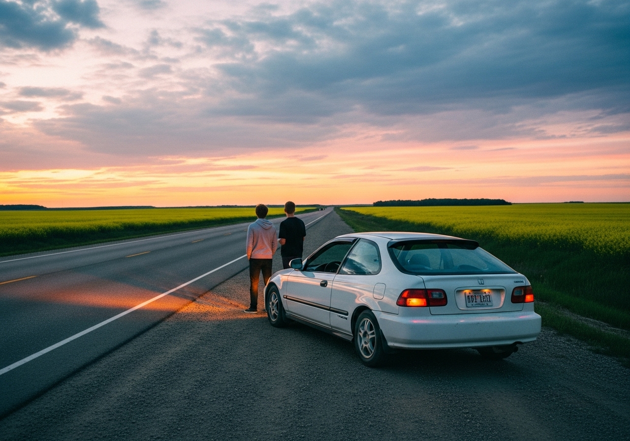 Two men standing by their broken-down car on a desolate prairie highway at sunset.