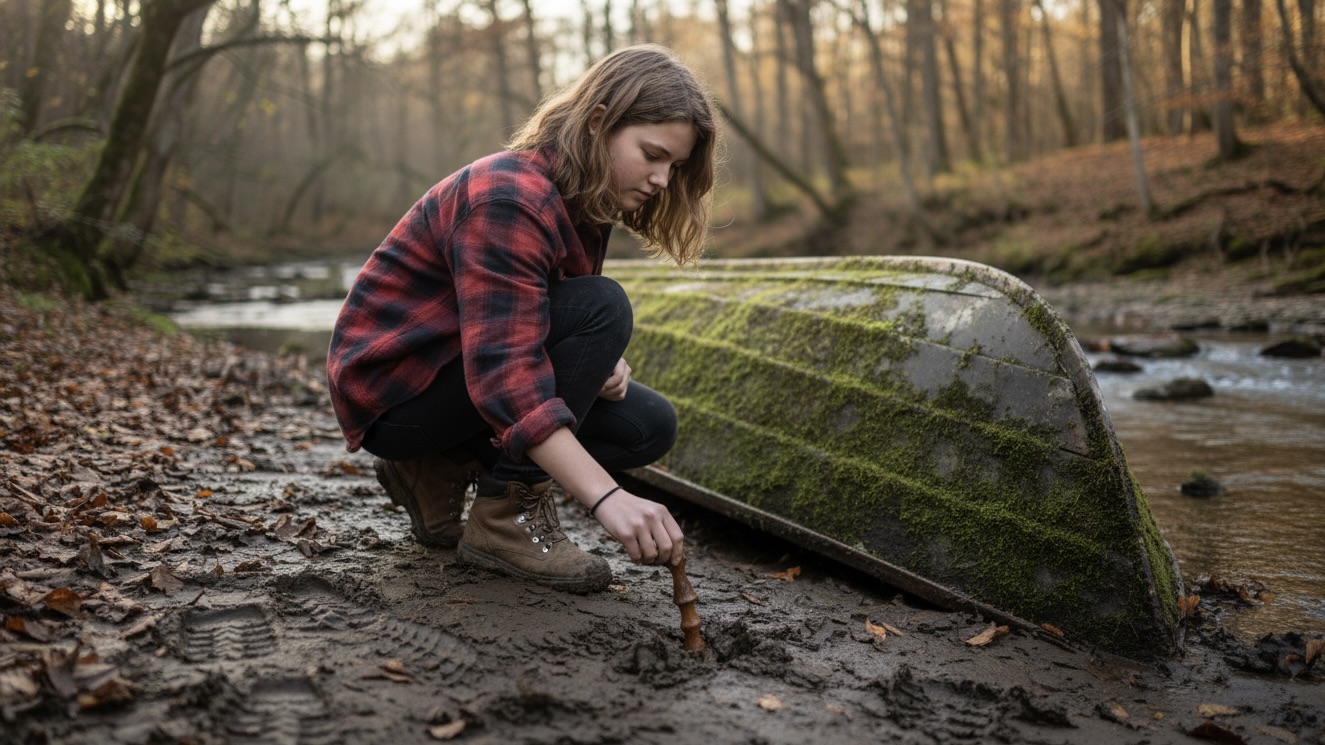 A teenage girl in a flannel shirt kneels by a creek, examining a carving tool under an overturned rowboat, with dense autumn woods in the background.