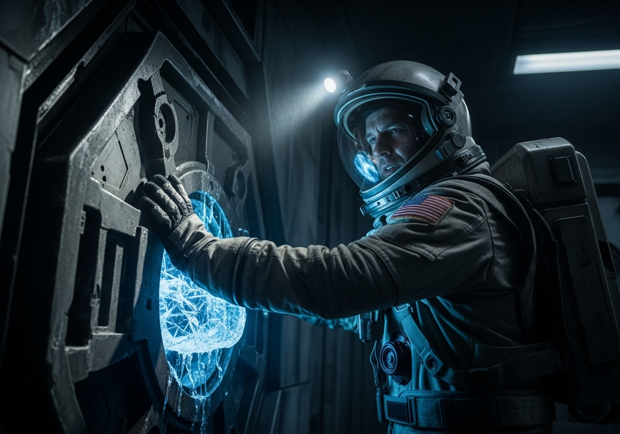 An astronaut stands defiantly before a sealed metal door in a dark spaceship, his face illuminated by his headlamp.
