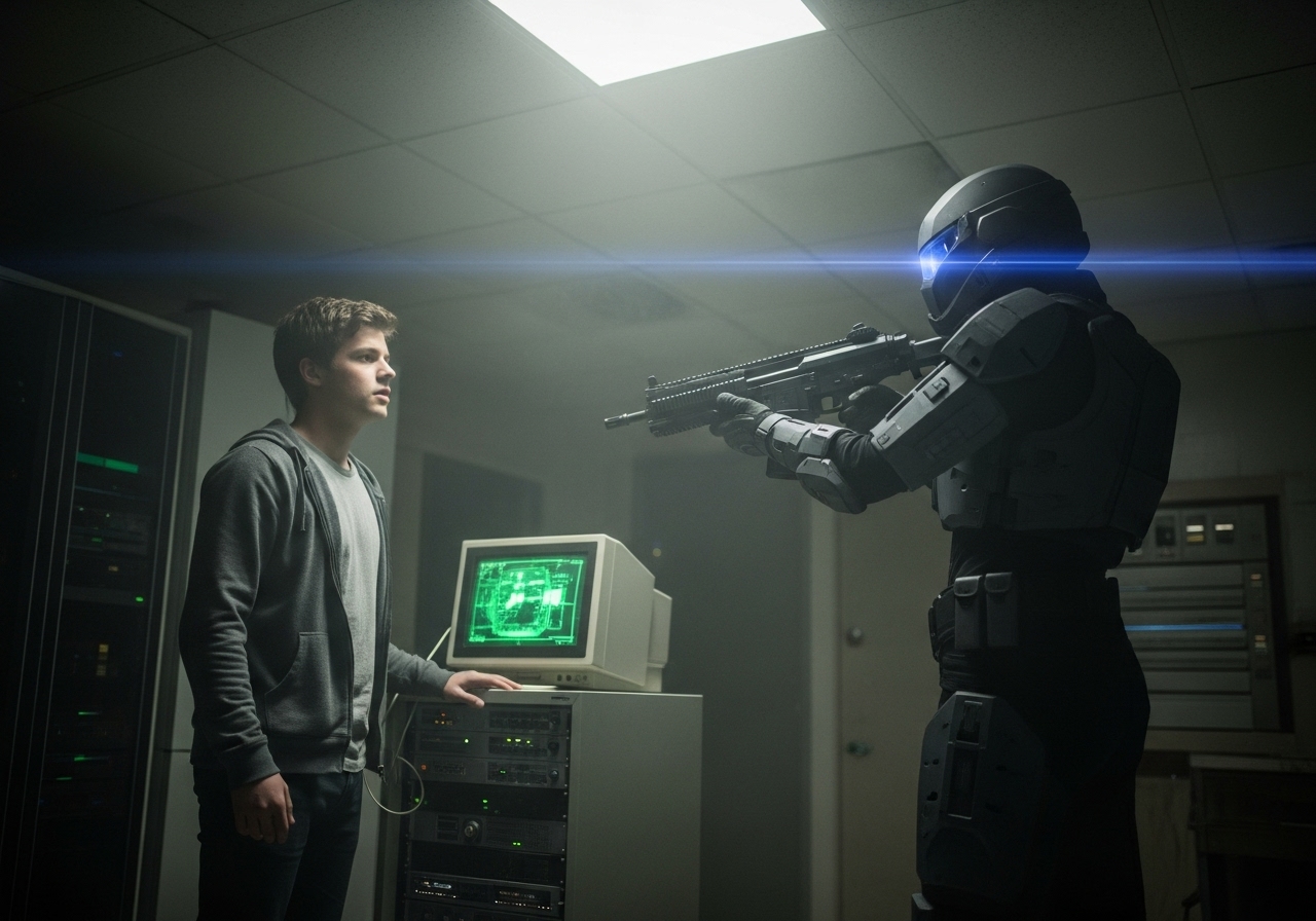 In a dusty server room, an armoured officer aims a rifle at a young man standing next to a glowing green terminal.