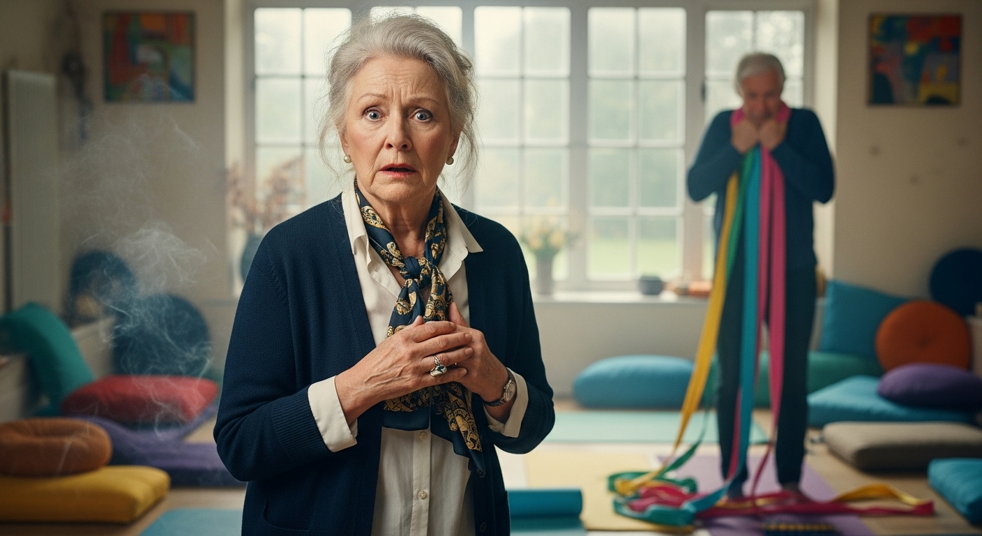 A bewildered senior woman in a vibrant room, while a senior man struggles with yoga mats in the background.