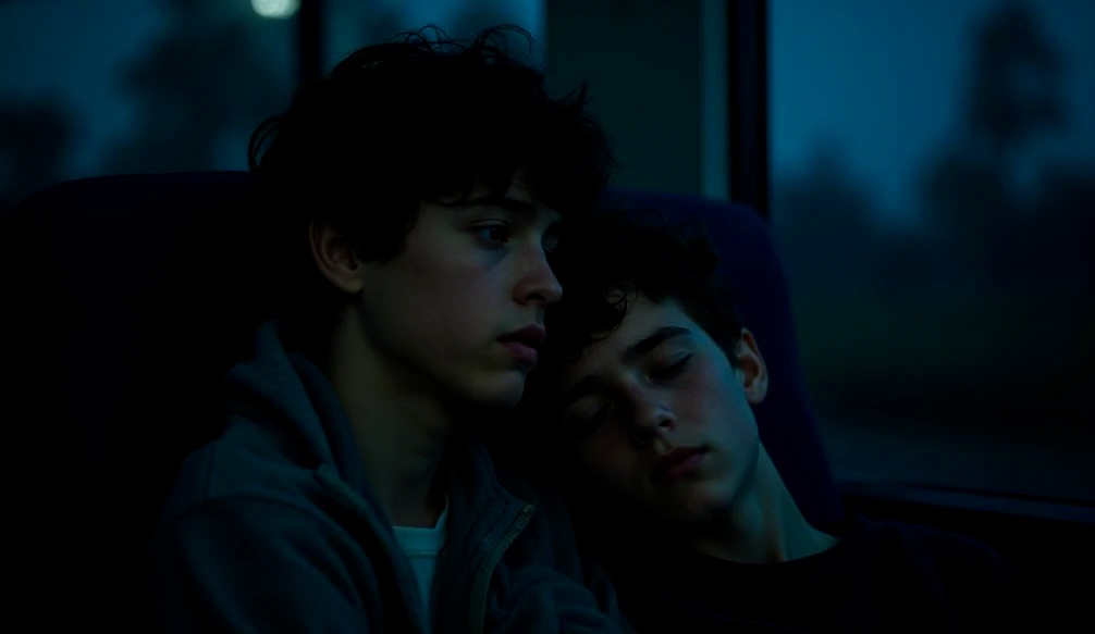 Teenage boy James watches Benjamin sleep on a bus, with an expression of tender, unspoken longing.